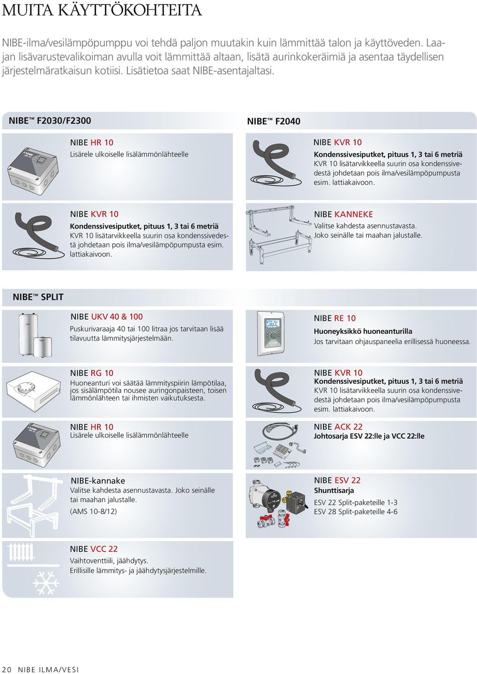 NIBE F2030/F2300 NIBE F2040 NIBE HR 10 Lisärele ulkoiselle lisälämmönlähteelle NIBE KVR 10 Kondenssivesiputket, pituus 1, 3 tai 6 metriä KVR 10 lisätarvikkeella suurin osa kondenssivedestä johdetaan