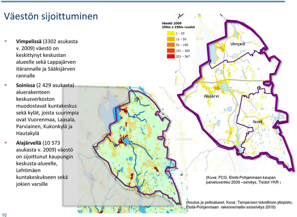 muodostavat kuntakeskus sekä kylät, joista suurimpia ovat Vuorenmaa, Laasala, Parviainen, Kukonkylä ja Hautakylä Alajärvellä (10 573 asukasta v.