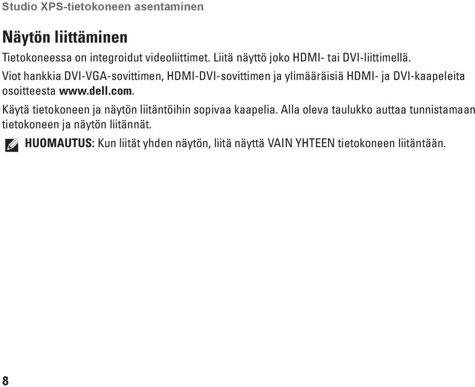 Viot hankkia DVI-VGA-sovittimen, HDMI-DVI-sovittimen ja ylimääräisiä HDMI- ja DVI-kaapeleita osoitteesta www.dell.com.