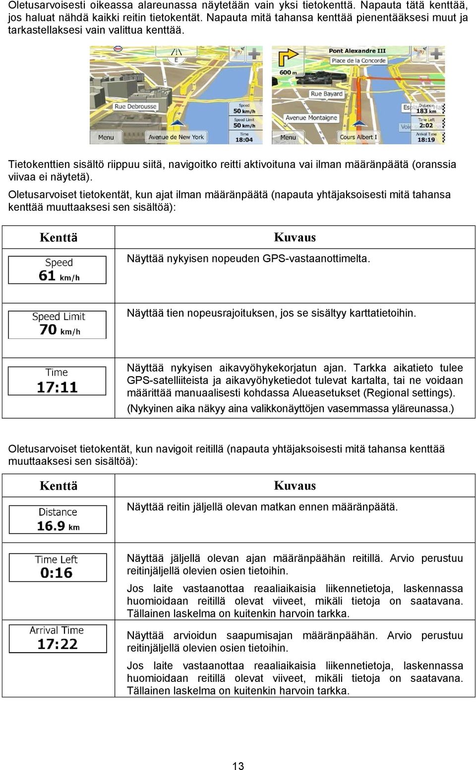 Tietokenttien sisältö riippuu siitä, navigoitko reitti aktivoituna vai ilman määränpäätä (oranssia viivaa ei näytetä).