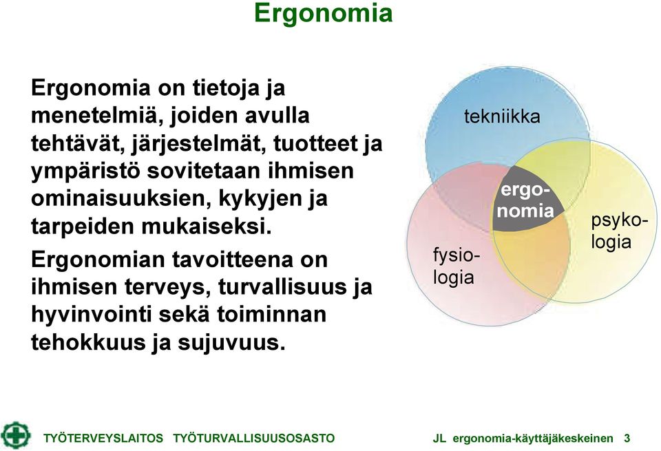 Ergonomian tavoitteena on ihmisen terveys, turvallisuus ja hyvinvointi sekä toiminnan tehokkuus ja