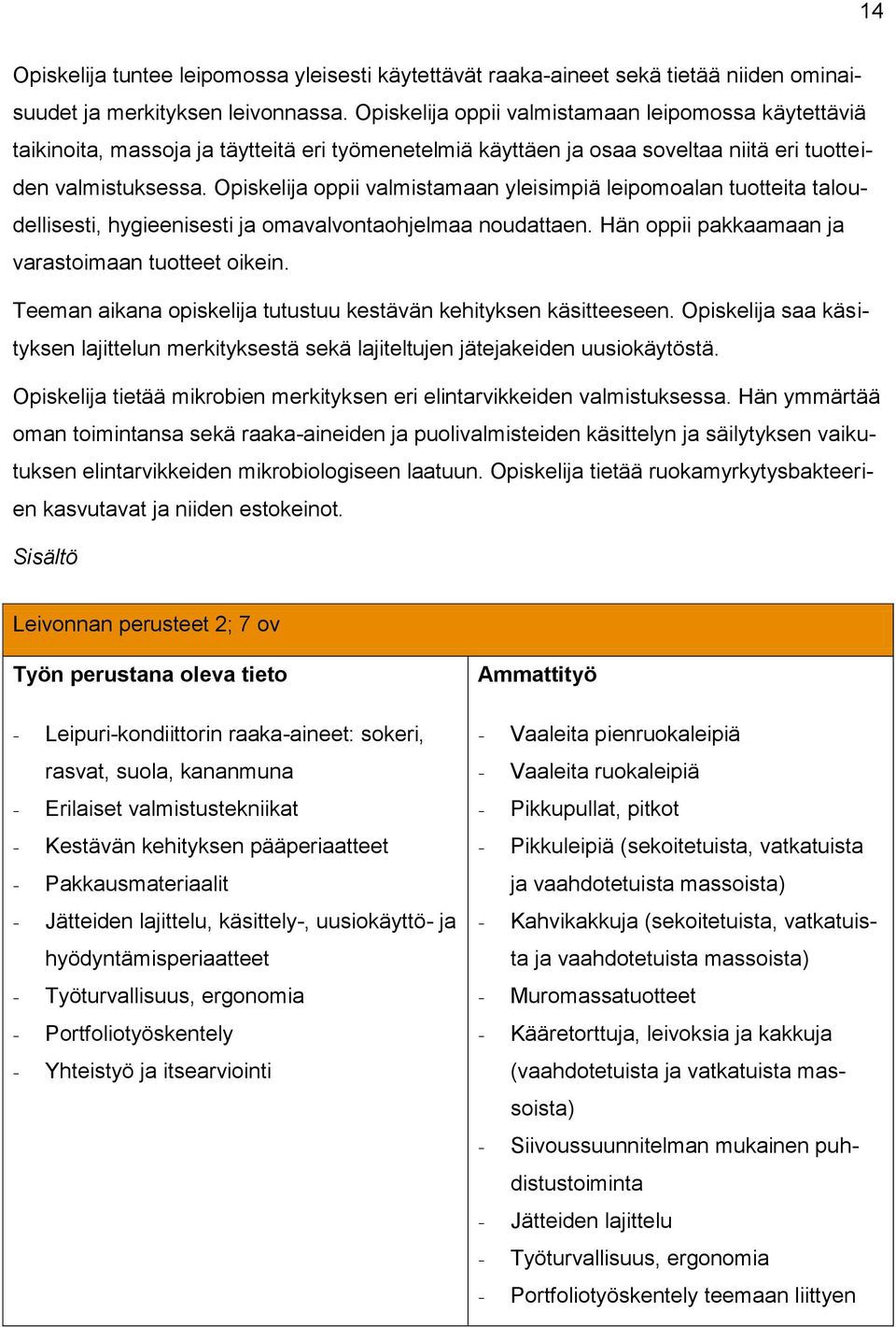 oppii valmistamaan yleisimpiä leipomoalan tuotteita taloudellisesti, hygieenisesti ja omavalvontaohjelmaa noudattaen. Hän oppii pakkaamaan ja varastoimaan tuotteet oikein.