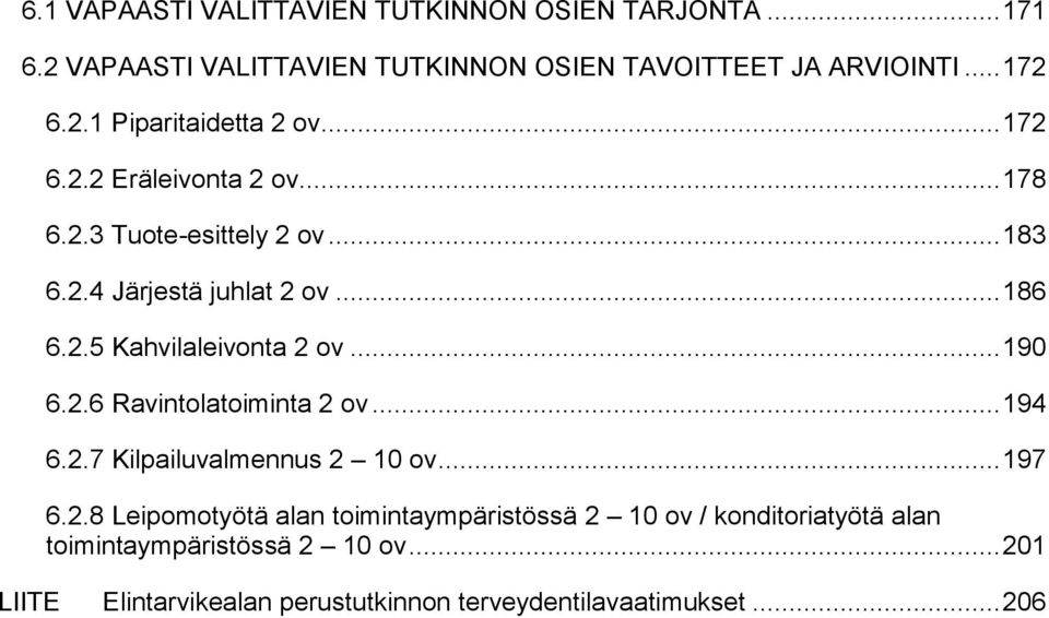 .. 190 6.2.6 Ravintolatoiminta 2 ov... 194 6.2.7 Kilpailuvalmennus 2 10 ov... 197 6.2.8 Leipomotyötä alan toimintaympäristössä 2 10 ov / konditoriatyötä alan toimintaympäristössä 2 10 ov.