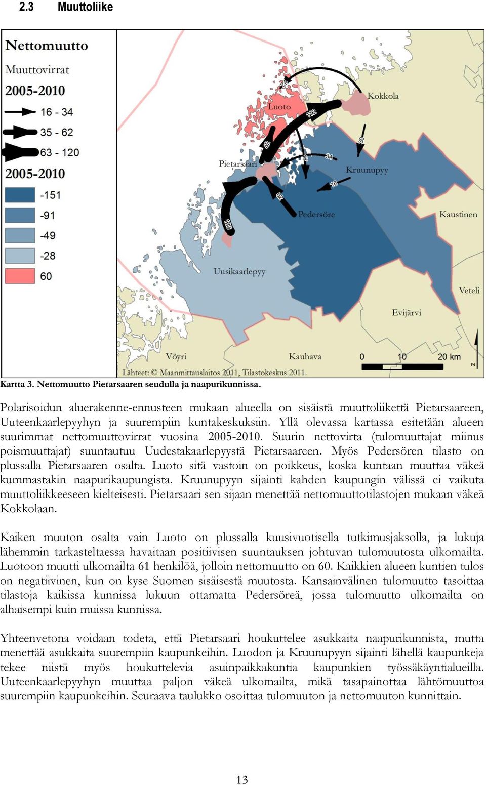 Yllä olevassa kartassa esitetään alueen suurimmat nettomuuttovirrat vuosina 2005-2010. Suurin nettovirta (tulomuuttajat miinus poismuuttajat) suuntautuu Uudestakaarlepyystä Pietarsaareen.