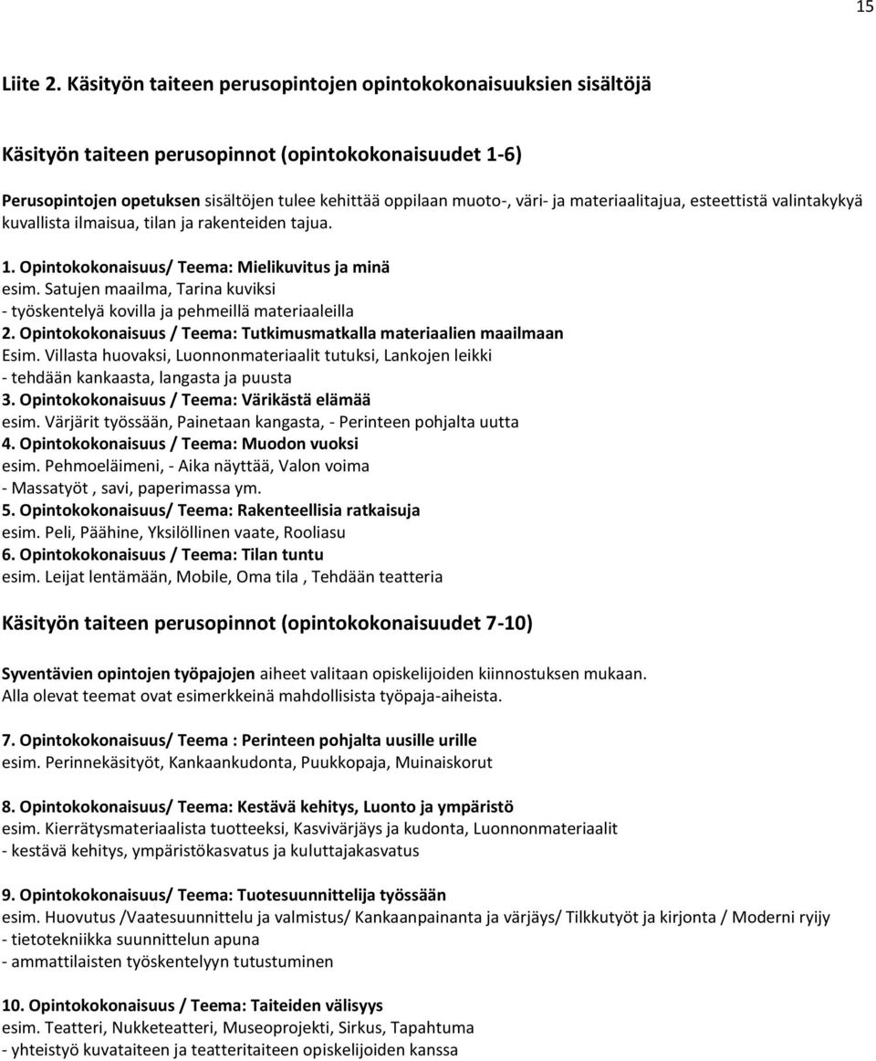 materiaalitajua, esteettistä valintakykyä kuvallista ilmaisua, tilan ja rakenteiden tajua. 1. Opintokokonaisuus/ Teema: Mielikuvitus ja minä esim.