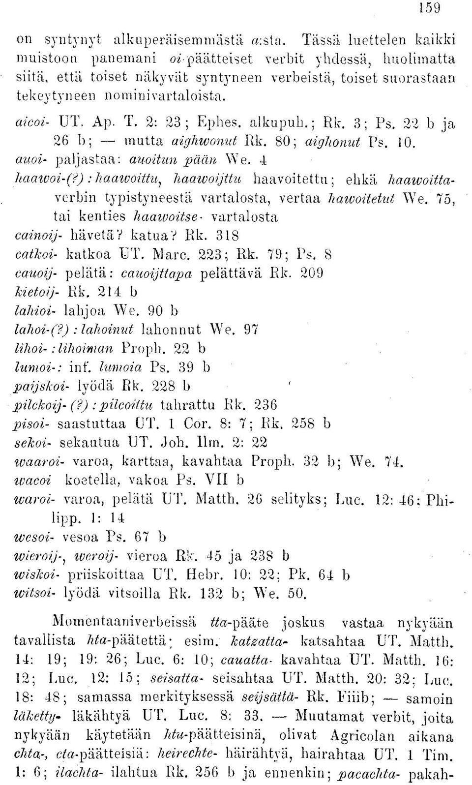 2: 23 ; Ephes. alkupuh.; Rk. 3; Ps. 22 b ja 26 b; mutta aighivonut Rk. 80; aighonut Ps. 10. auoi- paljastaa: auottiin pään We. 4 haaivoi-(?