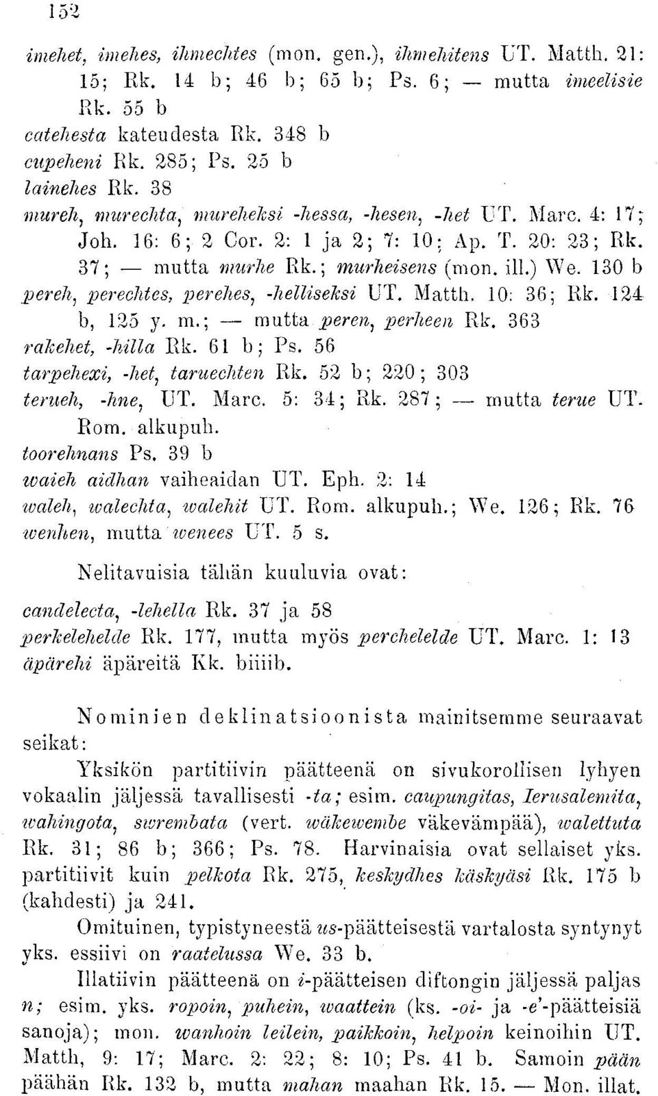 130 b per eh, perechtes, perehes, -Tielliseksi UT. Matth, 10: 36; Kk. 124 b, 125 y. m.; mutta peren, perheen Rk. 363 rakehet, -hilla Rk. 61 b; Ps. 56 tarpehexi, -het, taruechten Rk.