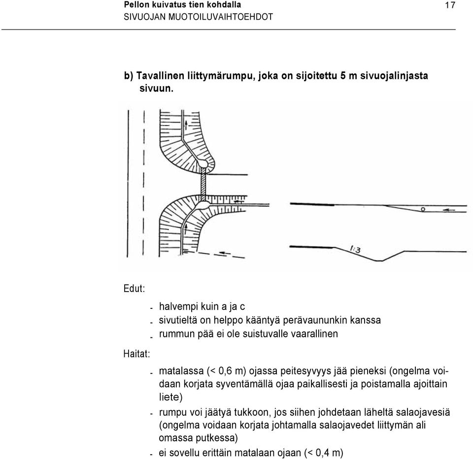 peitesyvyys jää pieneksi (ongelma voidaan korjata syventämällä ojaa paikallisesti ja poistamalla ajoittain liete) rumpu voi jäätyä tukkoon, jos