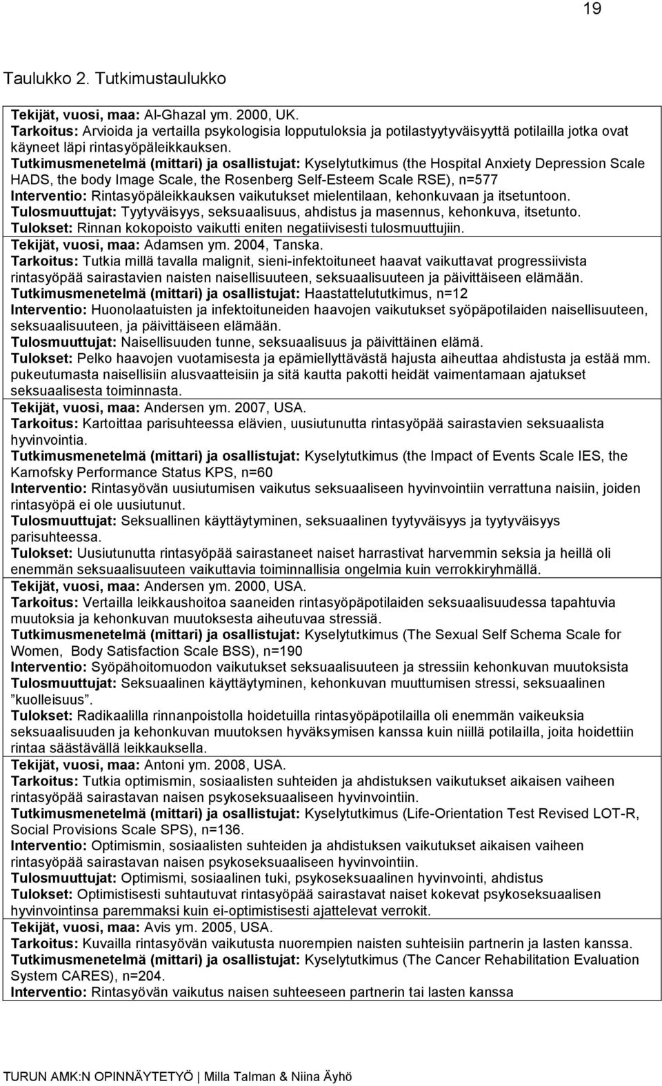 Tutkimusmenetelmä (mittari) ja osallistujat: Kyselytutkimus (the Hospital Anxiety Depression Scale HADS, the body Image Scale, the Rosenberg Self-Esteem Scale RSE), n=577 Interventio: