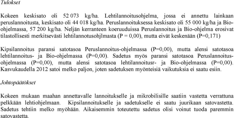 Neljän kerranteen koeruuduissa Peruslannoitus ja Bio-ohjelma erosivat tilastollisesti merkitsevästi lehtilannotusohjlmasta (P = 0,00), mutta eivät keskenään (P=0,171) Kipsilannoitus paransi satotasoa