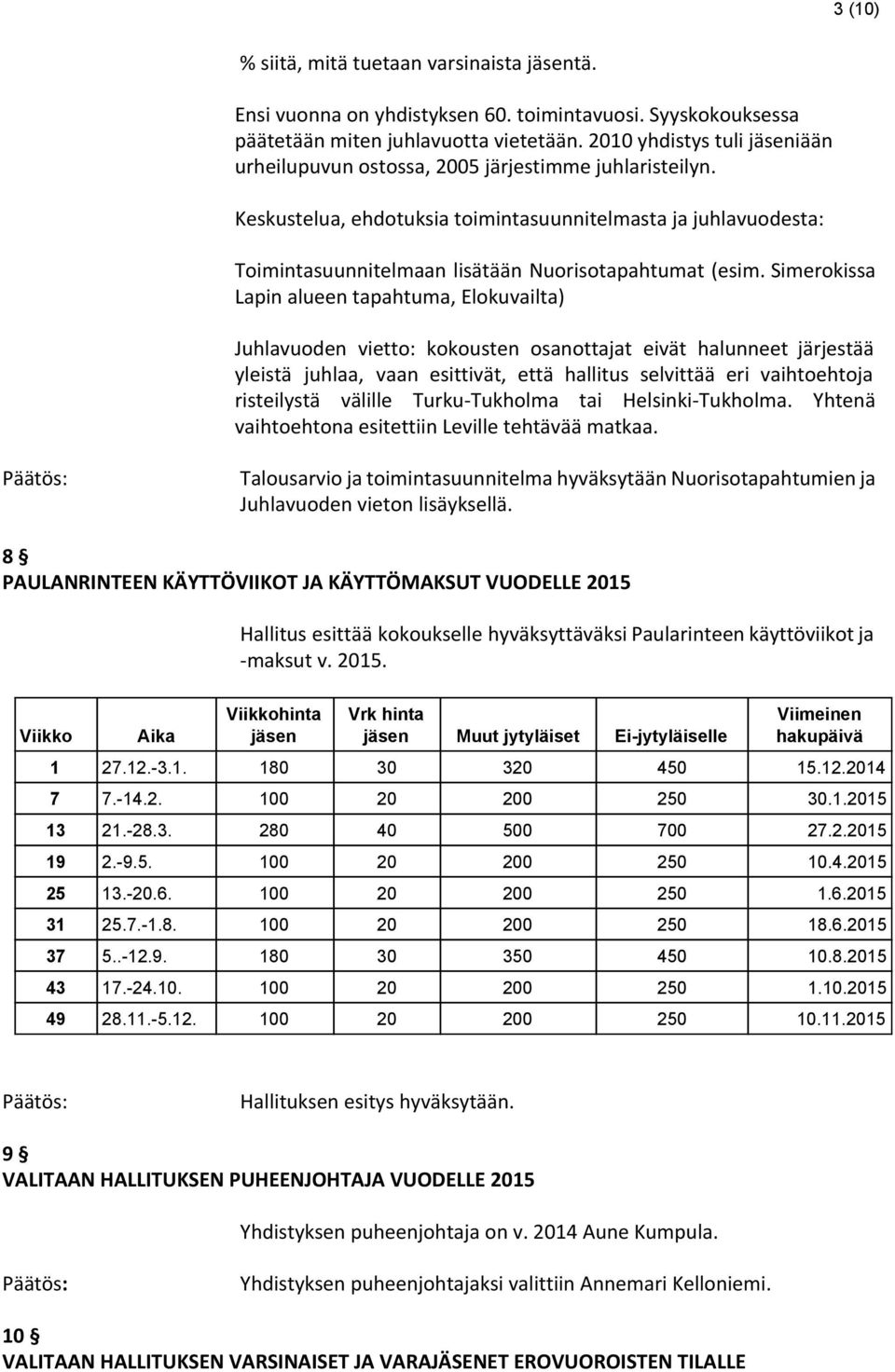 Keskustelua, ehdotuksia toimintasuunnitelmasta ja juhlavuodesta: Toimintasuunnitelmaan lisätään Nuorisotapahtumat (esim.