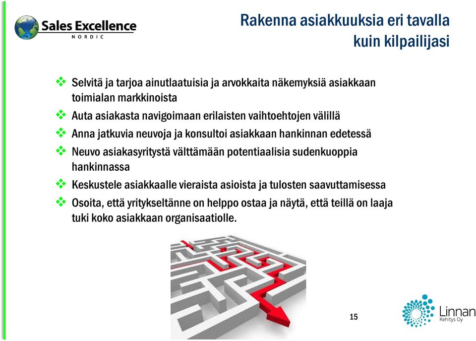 edetessä Neuvo asiakasyritystä välttämään potentiaalisia sudenkuoppia hankinnassa Keskustele asiakkaalle vieraista asioista ja