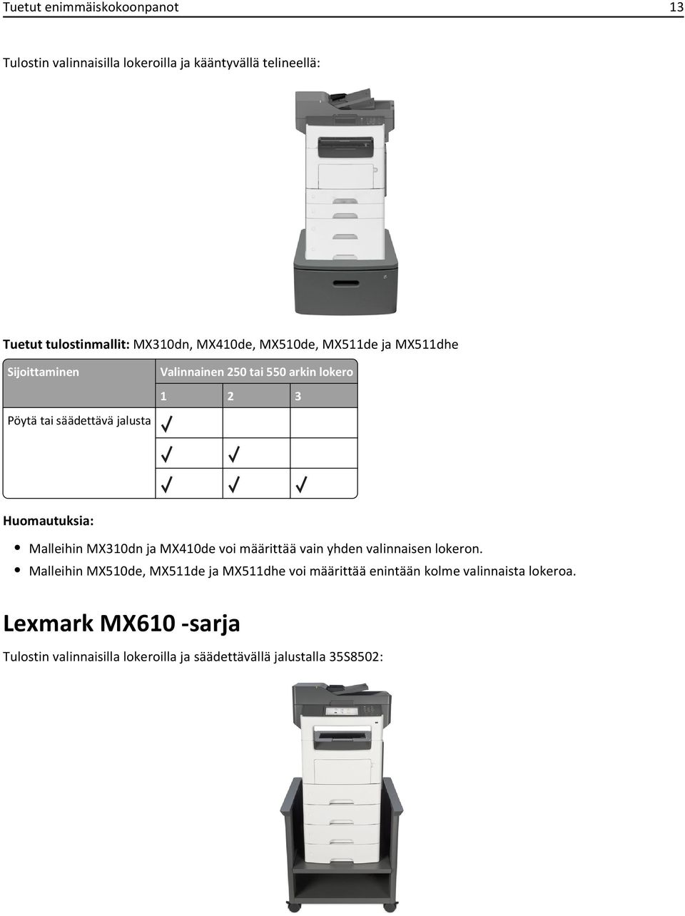 Huomautuksia: Malleihin MX310dn ja MX410de voi määrittää vain yhden valinnaisen lokeron.