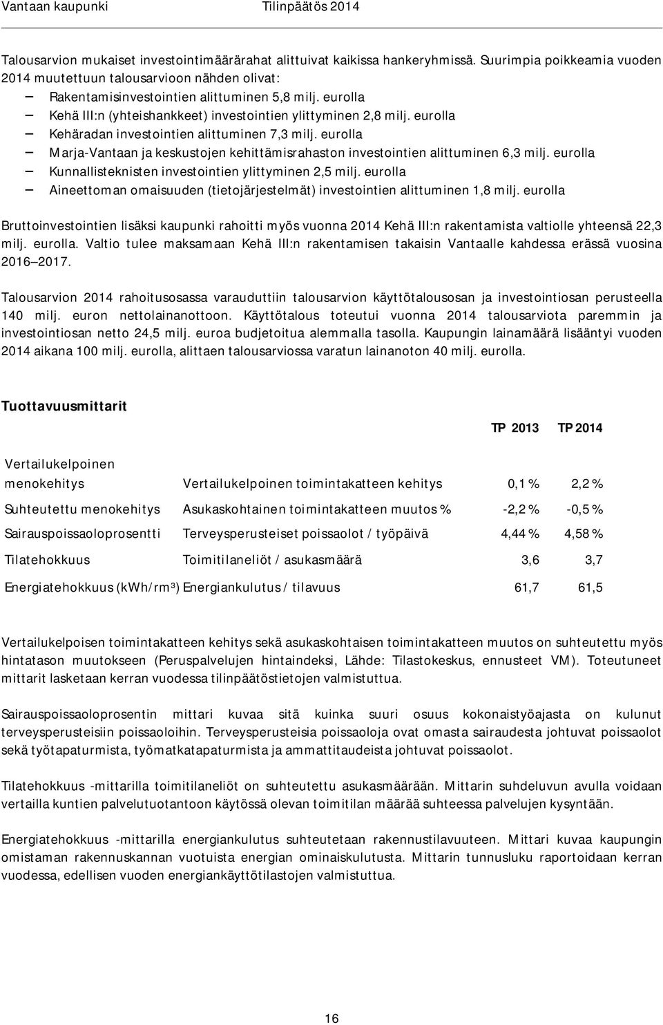 eurolla Marja-Vantaan ja keskustojen kehittämisrahaston investointien alittuminen 6,3 milj. eurolla Kunnallisteknisten investointien ylittyminen 2,5 milj.
