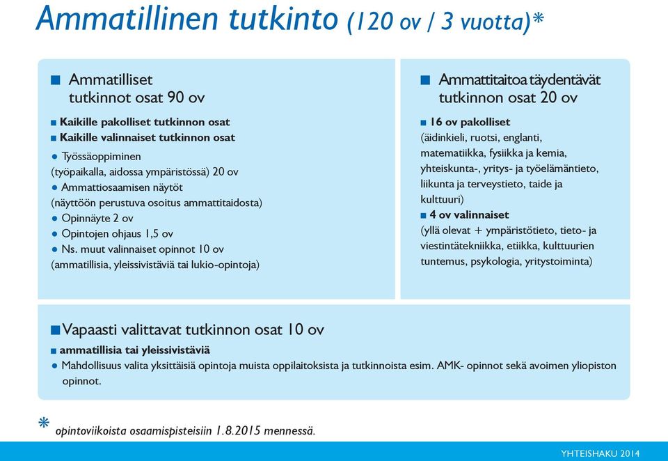 muut valinnaiset opinnot 10 ov (ammatillisia, yleissivistäviä tai lukio-opintoja) Ammattitaitoa täydentävät tutkinnon osat 20 ov 16 ov pakolliset (äidinkieli, ruotsi, englanti, matematiikka, fysiikka