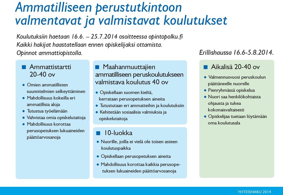 Ammattistartti 20-40 ov Omien ammatillisten suunnitelmien selkeyttäminen Mahdollisuus kokeilla eri ammatillisia aloja Tutustua työelämään Vahvistaa omia opiskelutaitoja Mahdollisuus korottaa