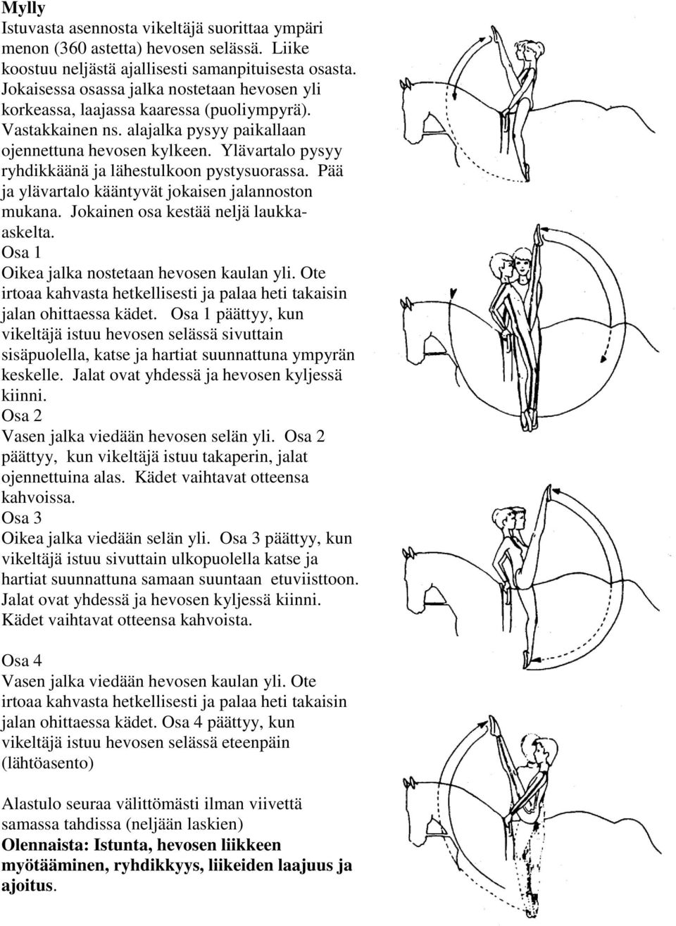 Ylävartalo pysyy ryhdikkäänä ja lähestulkoon pystysuorassa. Pää ja ylävartalo kääntyvät jokaisen jalannoston mukana. Jokainen osa kestää neljä laukkaaskelta.