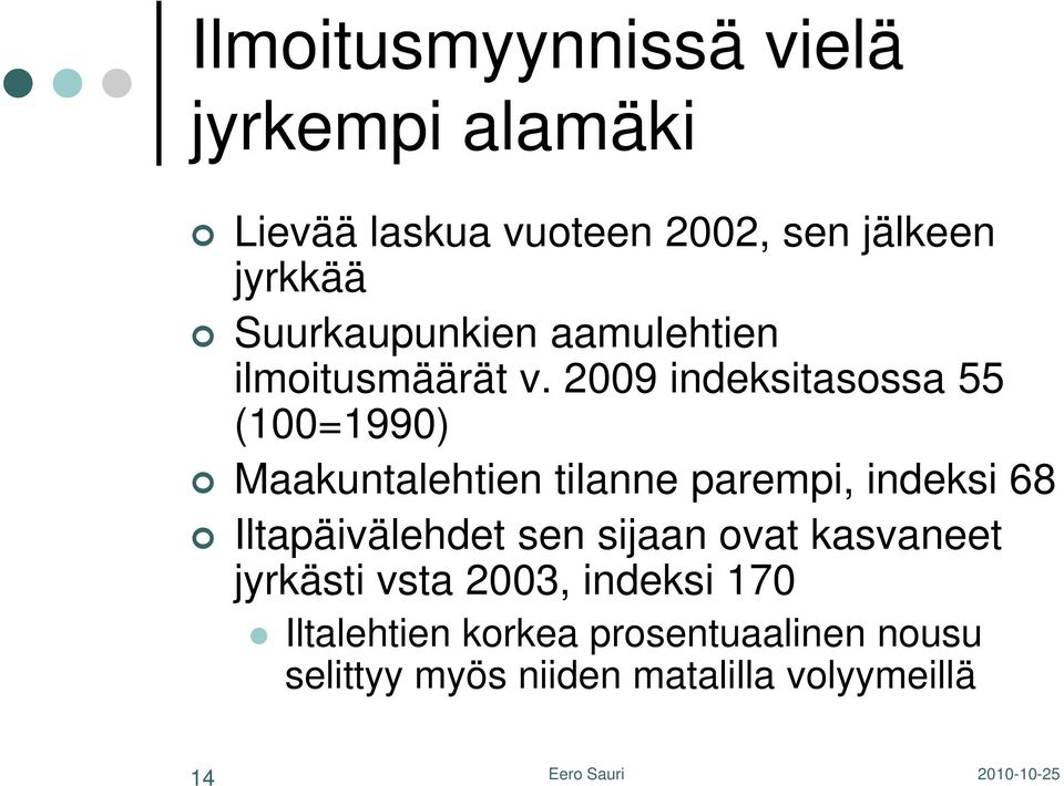 2009 indeksitasossa 55 (100=1990) Maakuntalehtien tilanne parempi, indeksi 68