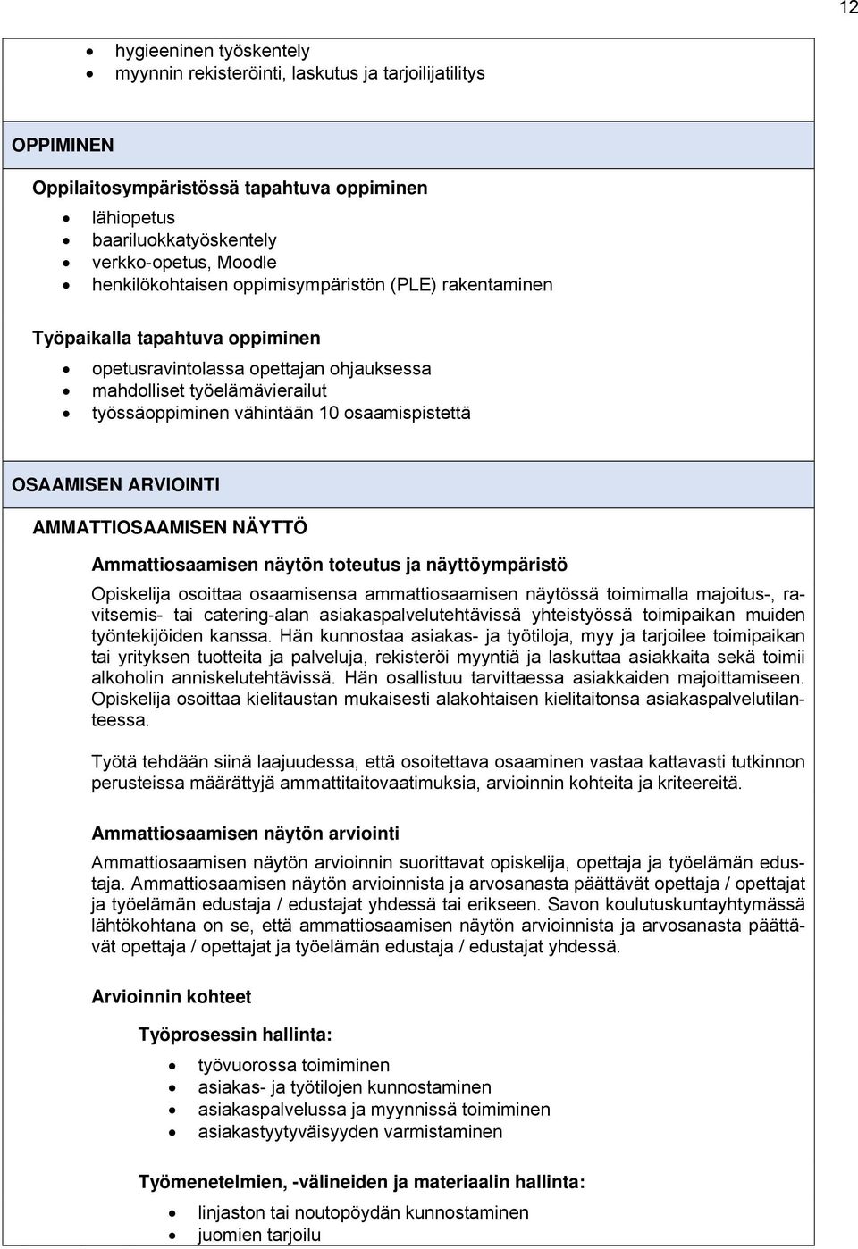 osaamispistettä OSAAMISEN ARVIOINTI AMMATTIOSAAMISEN NÄYTTÖ Ammattiosaamisen näytön toteutus ja näyttöympäristö Opiskelija osoittaa osaamisensa ammattiosaamisen näytössä toimimalla majoitus-,