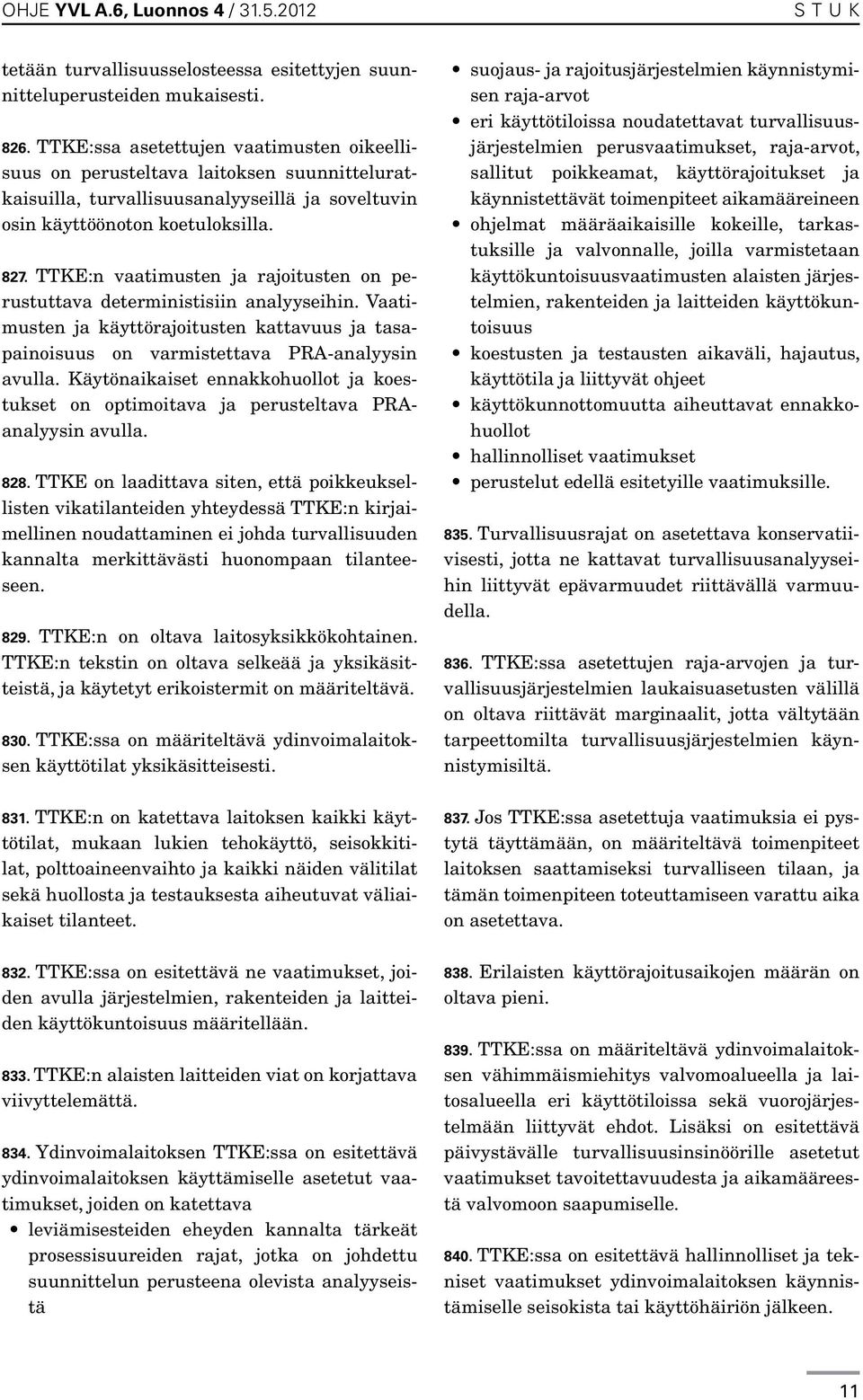 TTKE:n vaatimusten ja rajoitusten on perustuttava deterministisiin analyyseihin. Vaa timusten ja käyttörajoitusten kattavuus ja tasapainoisuus on varmistettava PRA-analyysin avulla.