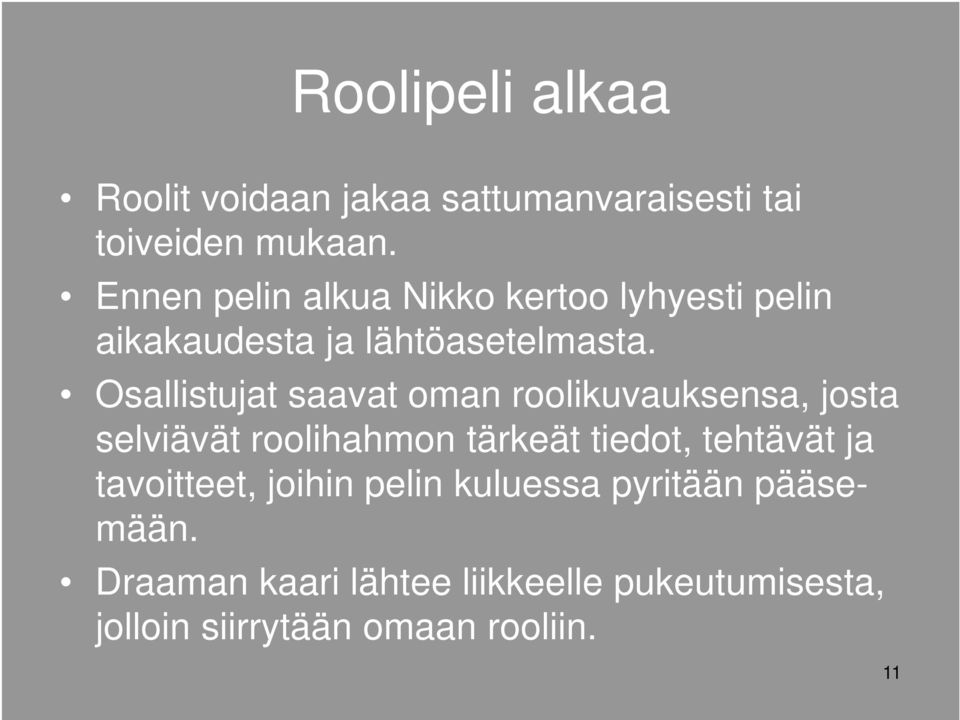 Osallistujat saavat oman roolikuvauksensa, josta selviävät roolihahmon tärkeät tiedot, tehtävät ja