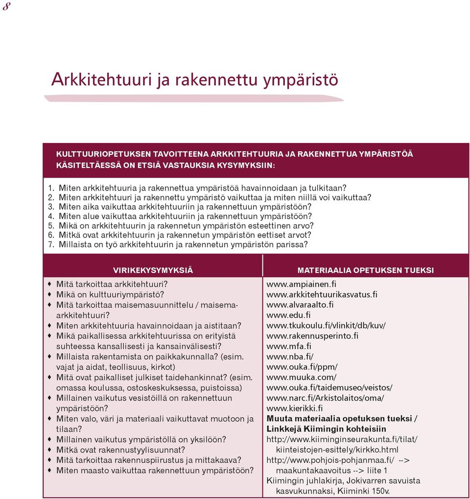 Miten aika vaikuttaa arkkitehtuuriin ja rakennettuun ympäristöön? 4. Miten alue vaikuttaa arkkitehtuuriin ja rakennettuun ympäristöön? 5.