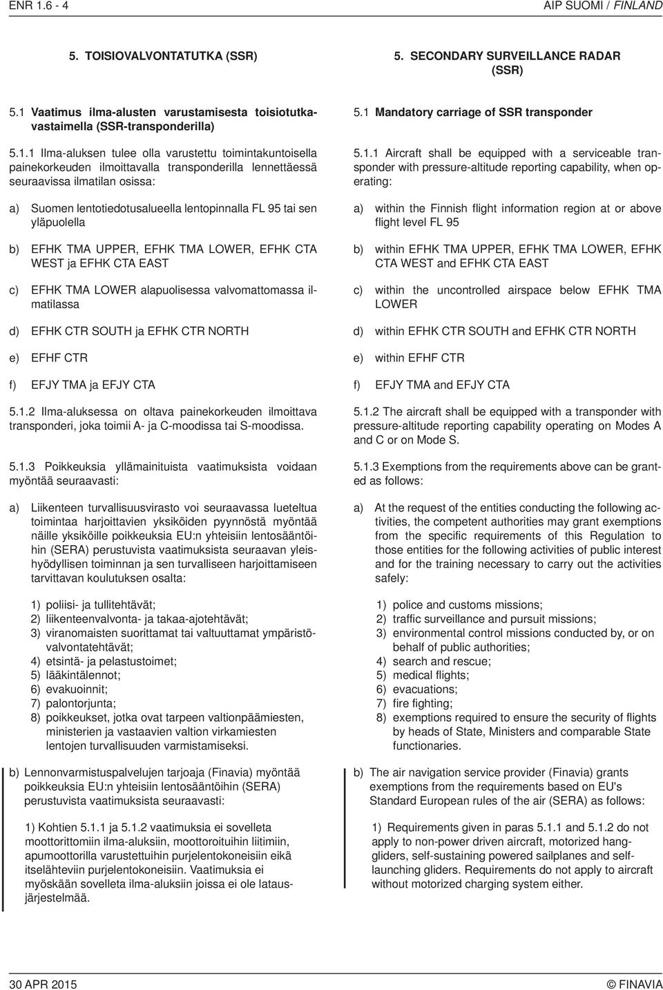 Vaatimus ilma-alusten varustamisesta toisiotutkavastaimella (SSR-transponderilla) 5.1.