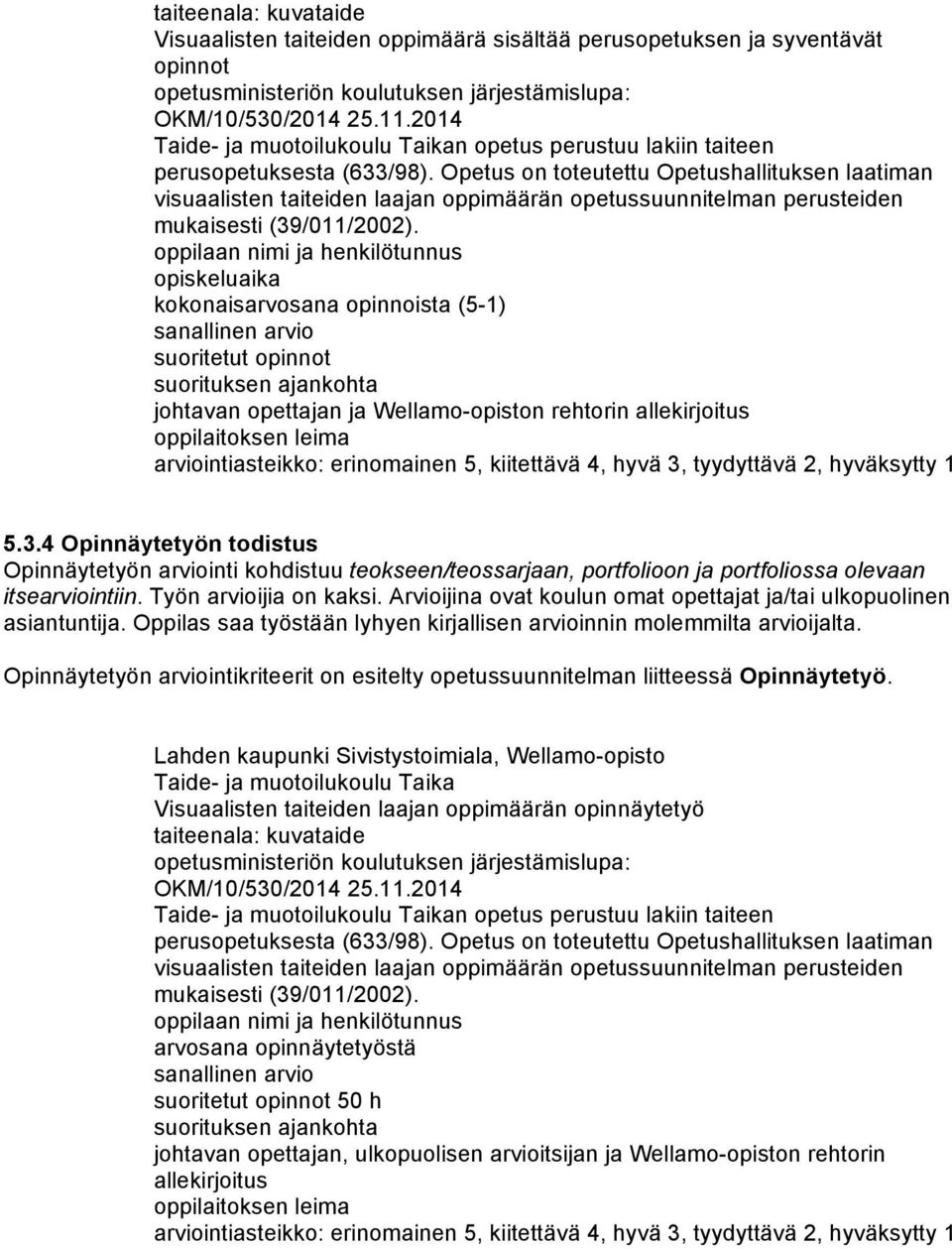 Opetus on toteutettu Opetushallituksen laatiman visuaalisten taiteiden laajan oppimäärän opetussuunnitelman perusteiden mukaisesti (39/011/2002).