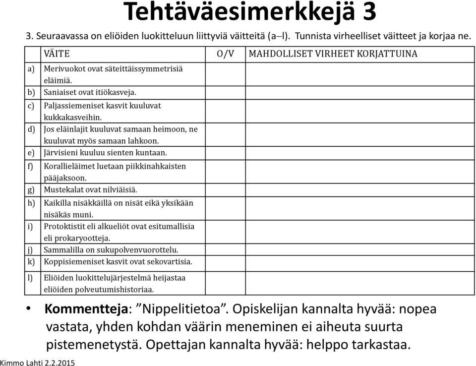 d) Jos eläinlajit kuuluvat samaan heimoon, ne kuuluvat myös samaan lahkoon. e) Järvisieni kuuluu sienten kuntaan. f) Korallieläimet luetaan piikkinahkaisten pääjaksoon. g) Mustekalat ovat nilviäisiä.