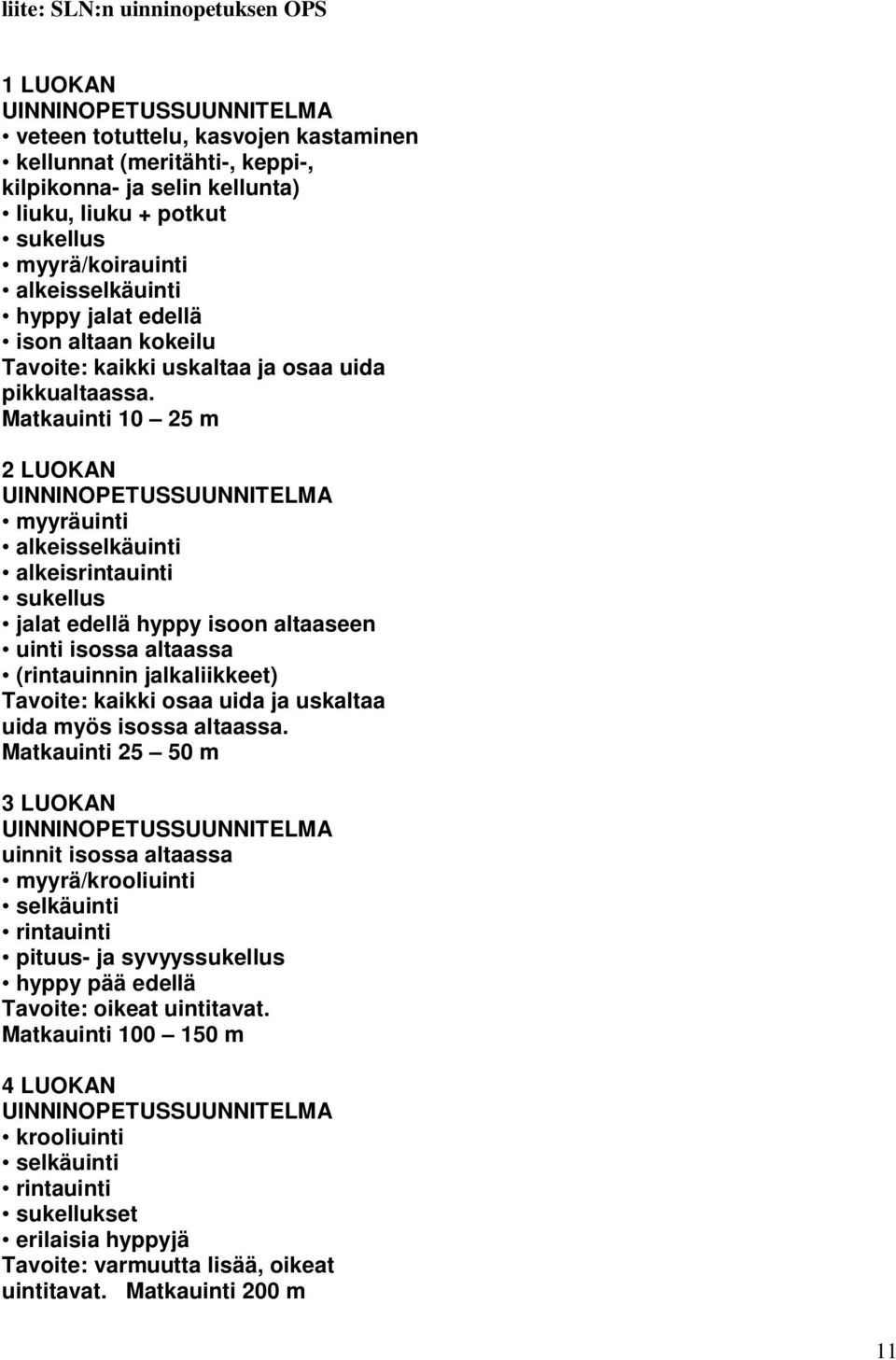 Matkauinti 10 25 m 2 LUOKAN UINNINOPUUUNNILMA myyräuinti alkeisselkäuinti alkeisrintauinti sukellus jalat edellä hyppy isoon altaaseen uinti isossa altaassa (rintauinnin jalkaliikkeet) avoite: kaikki