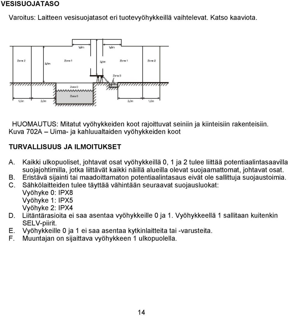 Kaikki ulkopuoliset, johtavat osat vyöhykkeillä 0, 1 ja 2 tulee liittää potentiaalintasaavilla suojajohtimilla, jotka liittävät kaikki näillä alueilla olevat suojaamattomat, johtavat osat. B.