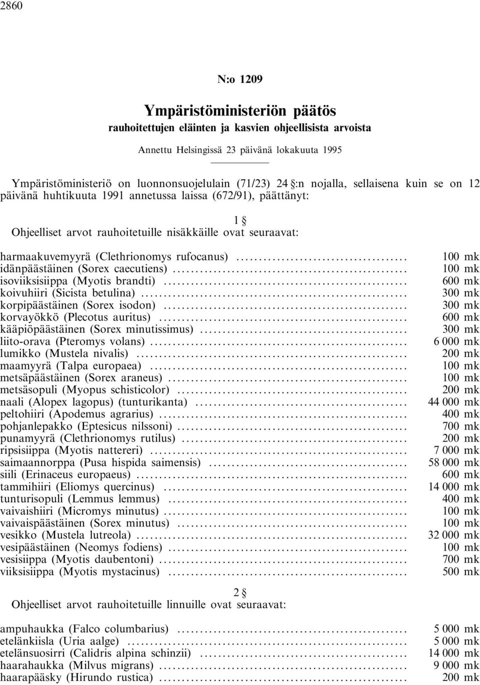 rufocanus)... 100 mk idänpäästäinen (Sorex caecutiens)... 100 mk isoviiksisiippa (Myotis brandti)... 600 mk koivuhiiri (Sicista betulina)... 300 mk korpipäästäinen (Sorex isodon).