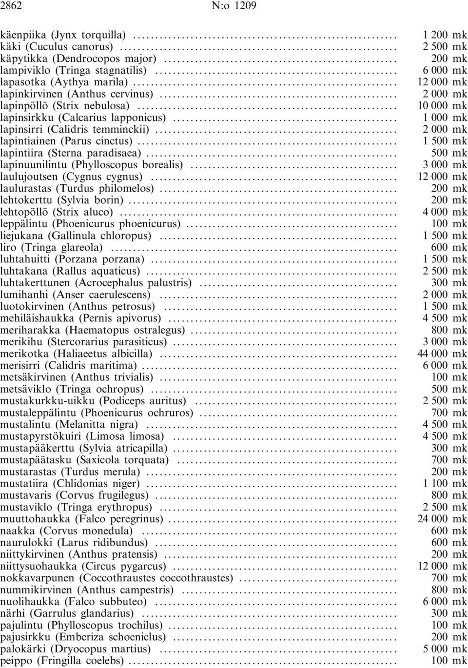 .. 2000 mk lapintiainen (Parus cinctus)... 1500 mk lapintiira (Sterna paradisaea)... 500 mk lapinuunilintu (Phylloscopus borealis)... 3000 mk laulujoutsen (Cygnus cygnus).