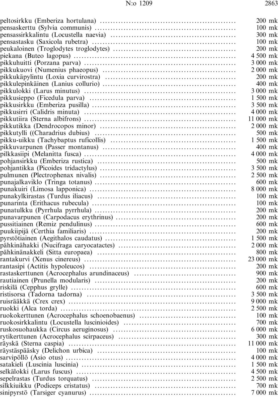 .. 2000 mk pikkukäpylintu (Loxia curvirostra)... 200 mk pikkulepinkäinen (Lanius collurio)... 400 mk pikkulokki (Larus minutus)... 3000 mk pikkusieppo (Ficedula parva).