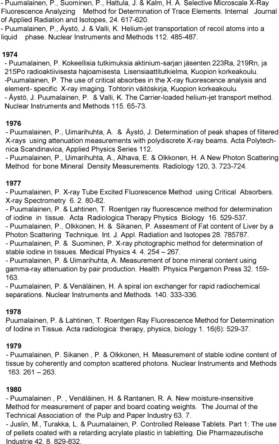 Nuclear Instruments and Methods 112. 485-487. 1974 - Puumalainen, P. Kokeellisia tutkimuksia aktinium-sarjan jäsenten 223Ra, 219Rn, ja 215Po radioaktiivisesta hajoamisesta.