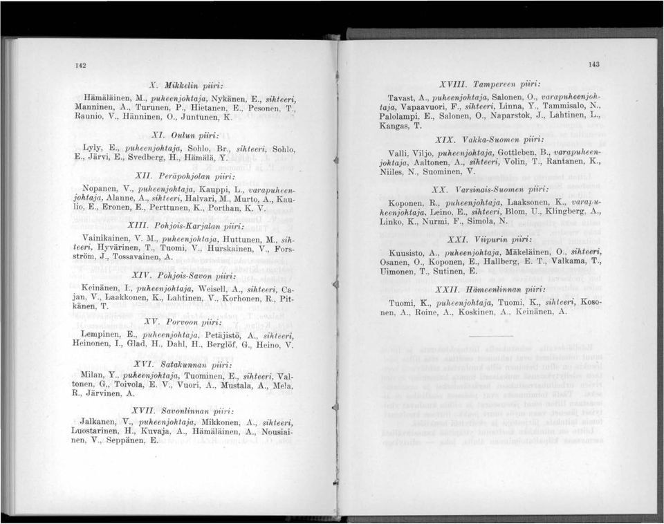 , sihteet'i, Halvari, M., Murto, A., Kaulio, E., Eronen, E., Perttunen, K., Porthan, K. V. XIII. Pohjois-Karjalan 1Jii1'i,: Vainikainen, V. 1\1., p1theenjohtaja, Huttunen, M.. sihteeri, Hyvärinen, T.