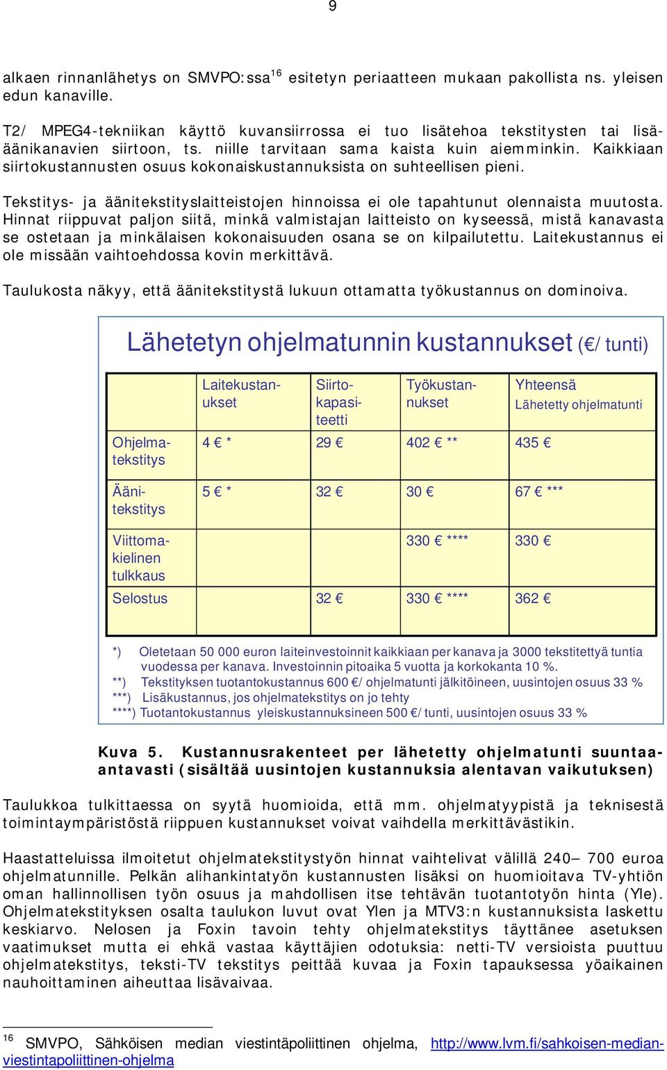 Kaikkiaan siirtokustannusten osuus kokonaiskustannuksista on suhteellisen pieni. Tekstitys- ja äänitekstityslaitteistojen hinnoissa ei ole tapahtunut olennaista muutosta.