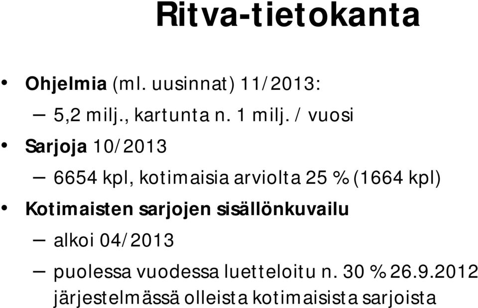 / vuosi Sarjoja 10/2013 6654 kpl, kotimaisia arviolta 25 % (1664 kpl)