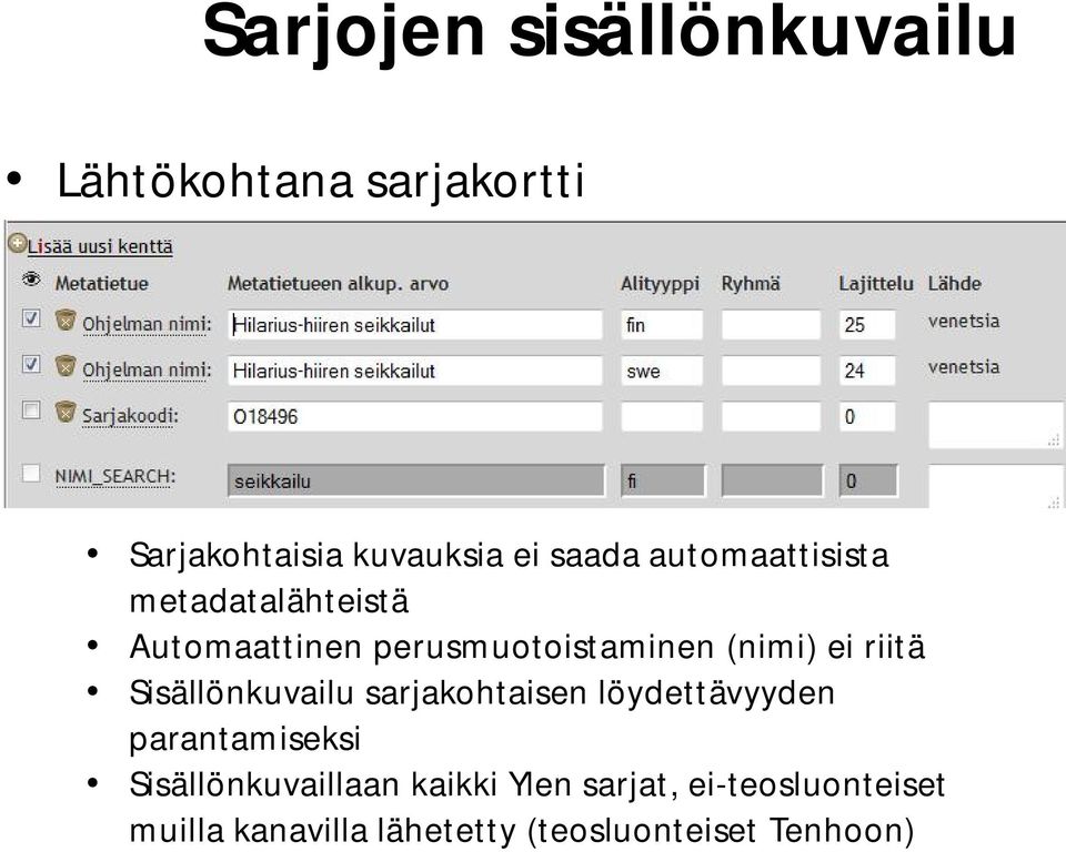 Sisällönkuvailu sarjakohtaisen löydettävyyden parantamiseksi Sisällönkuvaillaan