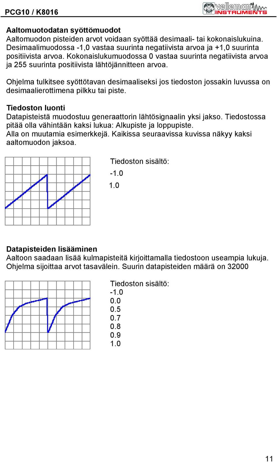 Ohjelma tulkitsee syöttötavan desimaaliseksi jos tiedoston jossakin luvussa on desimaalierottimena pilkku tai piste. Tiedoston luonti Datapisteistä muodostuu generaattorin lähtösignaalin yksi jakso.