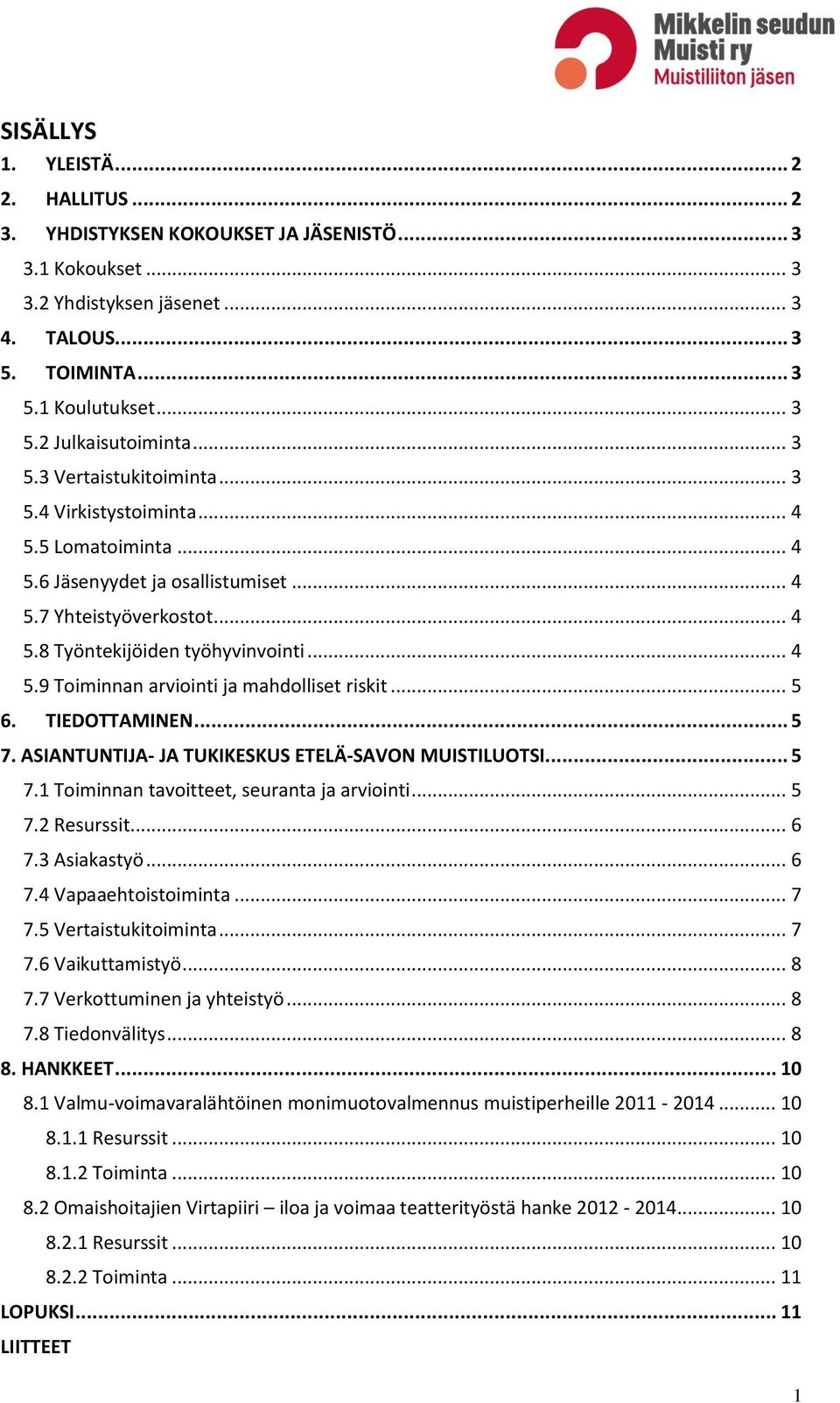 .. 5 6. TIEDOTTAMINEN... 5 7. ASIANTUNTIJA- JA TUKIKESKUS ETELÄ-SAVON MUISTILUOTSI... 5 7.1 Toiminnan tavoitteet, seuranta ja arviointi... 5 7.2 Resurssit... 6 7.3 Asiakastyö... 6 7.4 Vapaaehtoistoiminta.