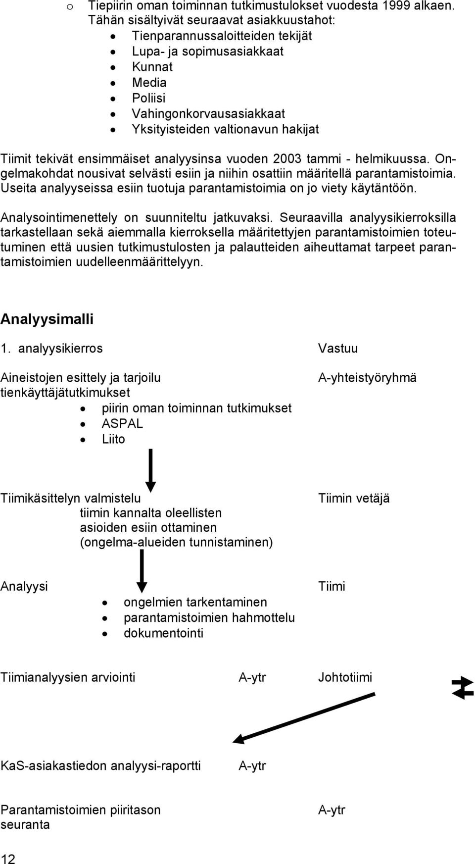 ensimmäiset analyysinsa vuoden 2003 tammi - helmikuussa. Ongelmakohdat nousivat selvästi esiin ja niihin osattiin määritellä parantamistoimia.