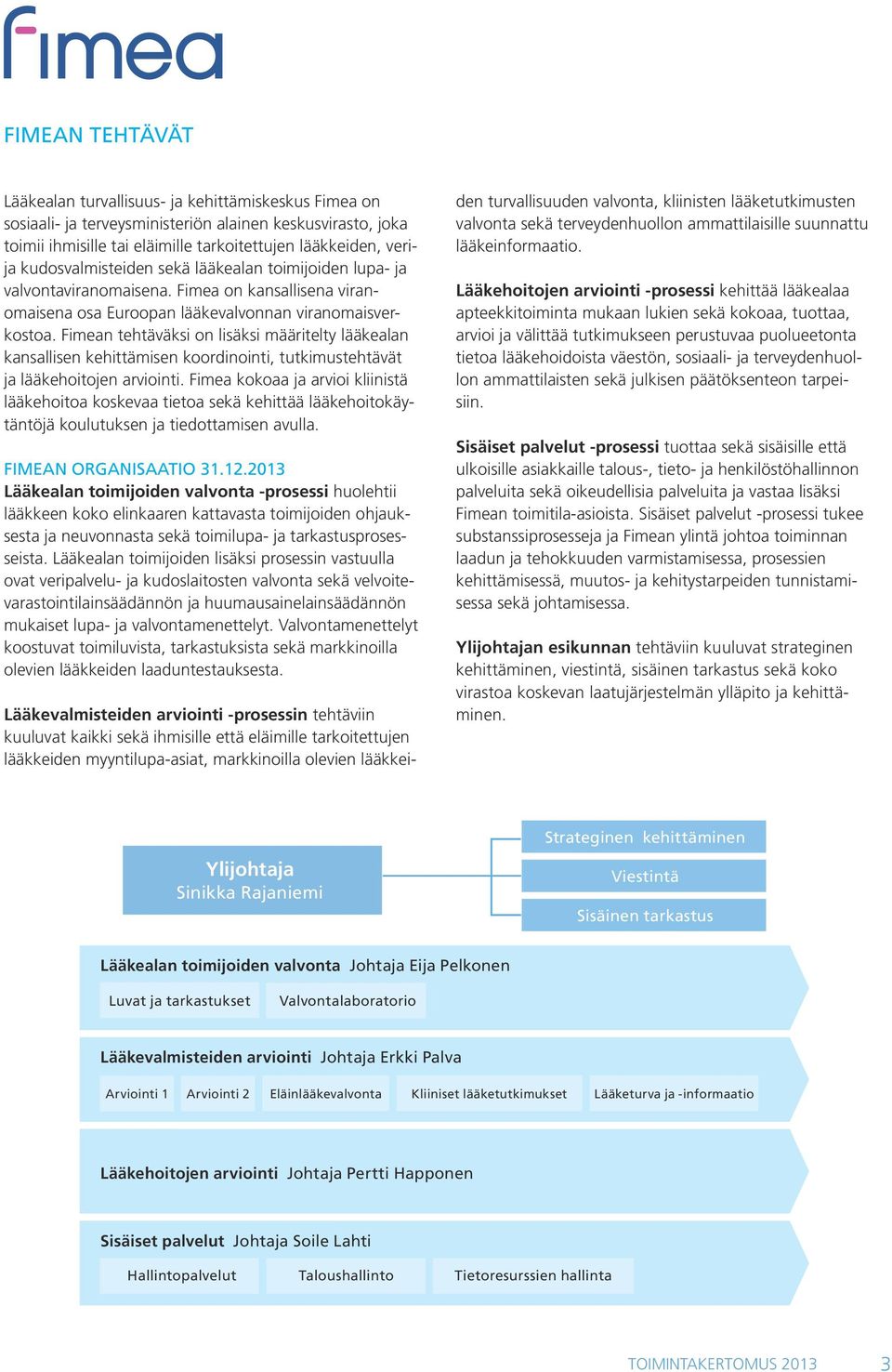 Fimean tehtäväksi on lisäksi määritelty lääkealan kansallisen kehittämisen koordinointi, tutkimustehtävät ja lääkehoitojen arviointi.
