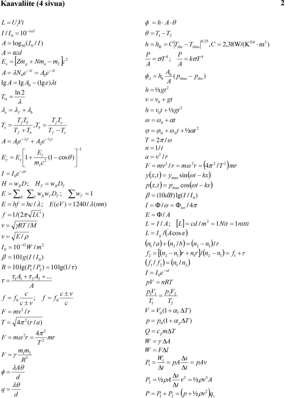 .. c c v f f0 ; f f0 c v c F mv / r T 4 ( r / a) 4 F m r mr T m1m F R d q d T T h T1 T h h lk C T ho T 0,5 lma P P T 4 ; kt 4 h hh lma h ½gt v v 0 gt h v0t ½gt t ( ho) 0 0 0t ½t T / n 1/ t a v / r F