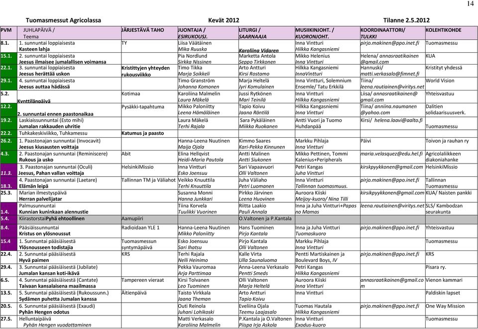 2. Kotimaa Karoliina Malmelin Kynttilänpäivä Laura Mäkelä 12.2. Pysäkki-tapahtuma Mikko Paloniitty 2. sunnuntai ennen paastonaikaa Leena Hämäläinen 19.2. Laskiaissunnuntai (Esto mihi) Laura Mäkelä Jumalan rakkauden uhritie Terhi Rajala 22.