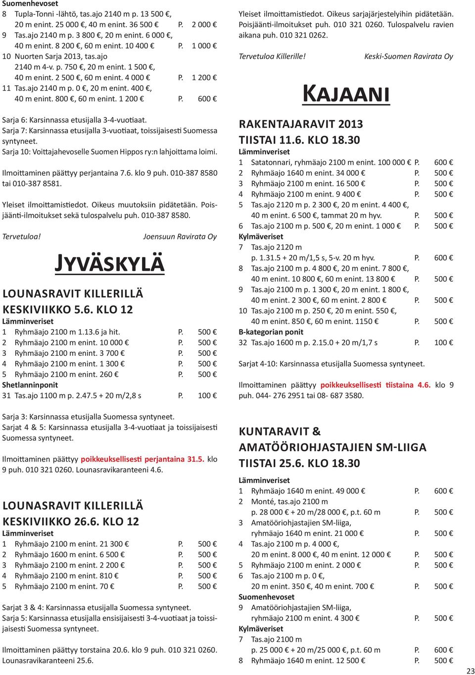 600 Sarja 6: Karsinnassa etusijalla 3-4-vuotiaat. Sarja 7: Karsinnassa etusijalla 3-vuotiaat, toissijaisesti Suomessa syntyneet. Sarja 10: Voittajahevoselle Suomen Hippos ry:n lahjoittama loimi.