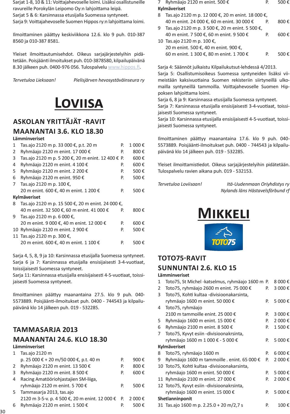 Yleiset ilmoittautumisehdot. Oikeus sarjajärjestelyihin pidätetään. Poisjäänti ilmoitukset puh. 010-3878580, kilpailupäivänä 8.30 jälkeen puh. 0400-976 056. Tulospalvelu www.hippos.fi.