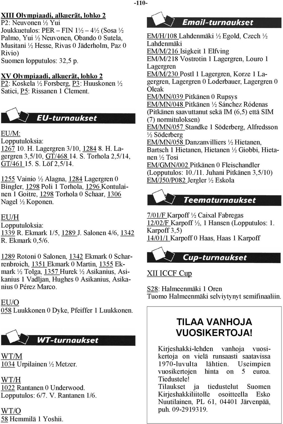 S. Torhola 2,5/14, GT/461 15. S. Löf 2,5/14. 1255 Vainio ½ Alagna, 1284 Lagergren 0 Bingler, 1298 Poli 1 Torhola, 1296 Kontulainen 1 Goitre, 1298 Torhola 0 Schaar, 1306 Nagel ½ Koponen.