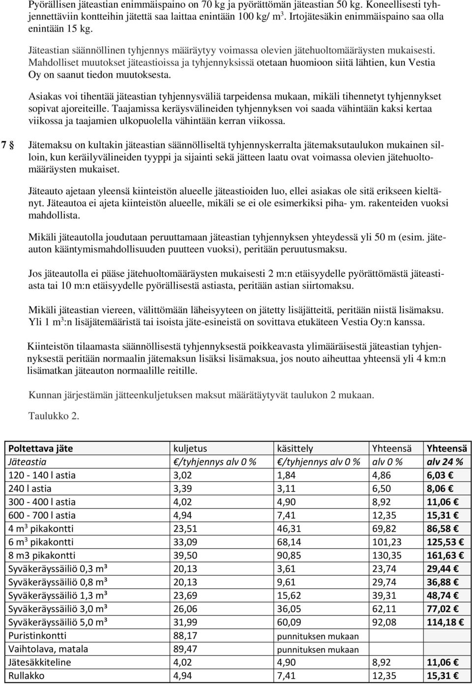 Mahdlliset muutkset jäteastiissa ja tyhjennyksissä tetaan humin siitä lähtien, kun Vestia Oy n saanut tiedn muutksesta.