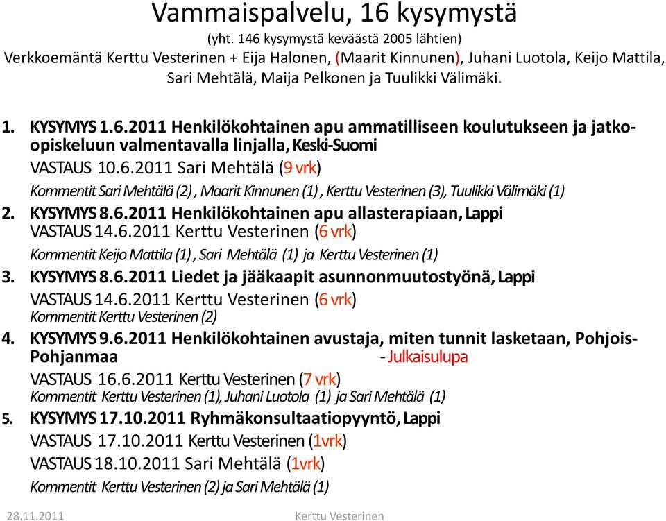 KYSYMYS 1.6.2011 Henkilökohtainen apu ammatilliseen koulutukseen ja jatkoopiskeluun valmentavalla linjalla, Keski Suomi VASTAUS 10.6.2011 Sari Mehtälä (9 vrk) Kommentit titsari imehtälä (2), Maarit itki Kinnunen (1), Kerttu Vesterinen (3), Tuulikki Välimäki äki (1) 2.